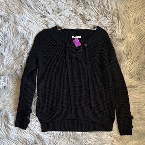 It's Our Time Black Lace-Up V-Neck Sweater